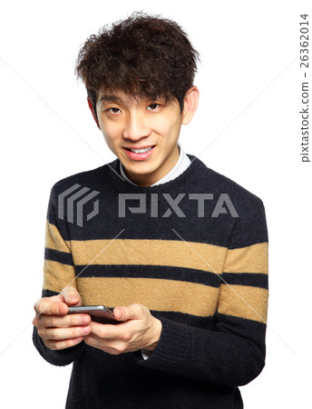 Young man using mobile phone on white background 26362014