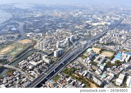 Aerial view of the Hanshin Express Amagasaki tollgate area 26364805