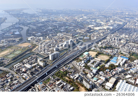 Aerial view of the Hanshin Express Amagasaki tollgate area 26364806