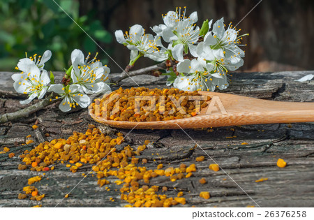 Bee pollen in a wooden spoon and flowers of spring Bee pollen in a wooden spoon and flowers of spring 26376258
