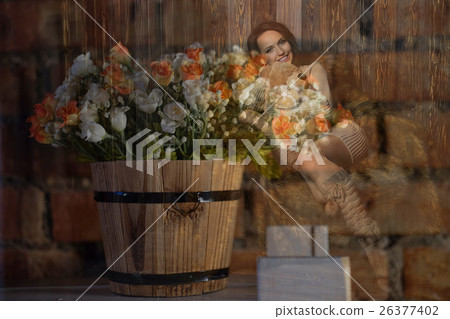 Cute girl in warm knee socks and sweater with Teddy bear in her 26377402