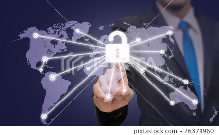 Businessman pointing or touching the key icon symbol on dark blue color background with world map Business online shopping concept 26379960