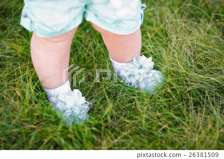 First steps of little girl in summer park on grass 26381509
