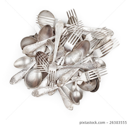 Pile of aged vintage silver cutlery 26383555