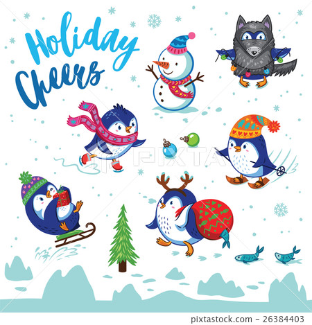 Holidays card with cute cartoon penguins 26384403