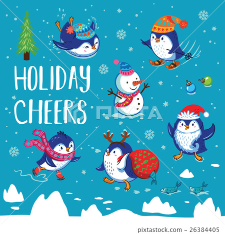 Holidays card with cute cartoon penguins Holidays card with cute cartoon penguins 26384405
