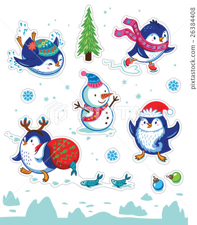 Snow sticker set with cartoon penguins, snowman Snow sticker set with cartoon penguins, snowman 26384408