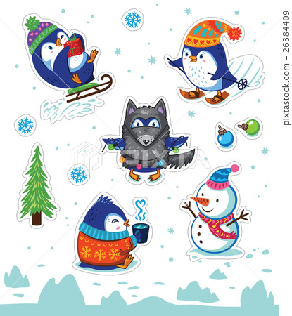 Snow sticker set with cartoon penguins, snowman 26384409