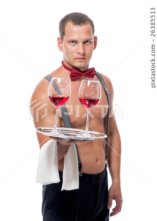 shirtless waiter with two glasses of wine isolated shirtless waiter with two glasses of wine isolated 26385513
