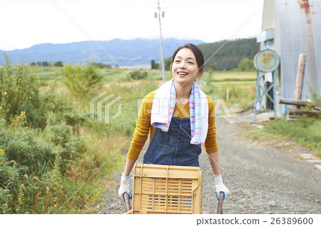 Female portrait pushing a unicycle agriculture experience Female portrait pushing a unicycle agriculture experience 26389600