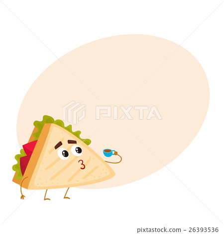Funny club sandwich character holding a cup of tea Funny club sandwich character holding a cup of tea 26393536