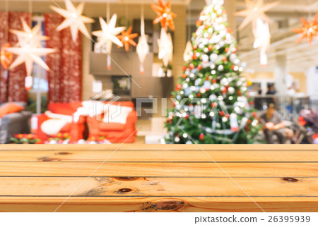 Wooden board empty table top blur christmas tree Wooden board empty table top blur christmas tree 26395939