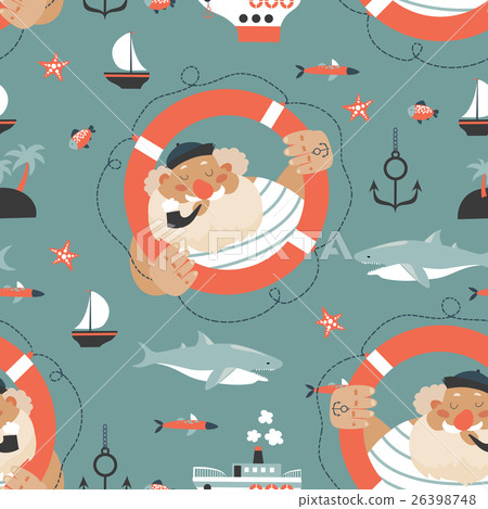 Seamless pattern with old sailor,lifebuoy,fish 26398748