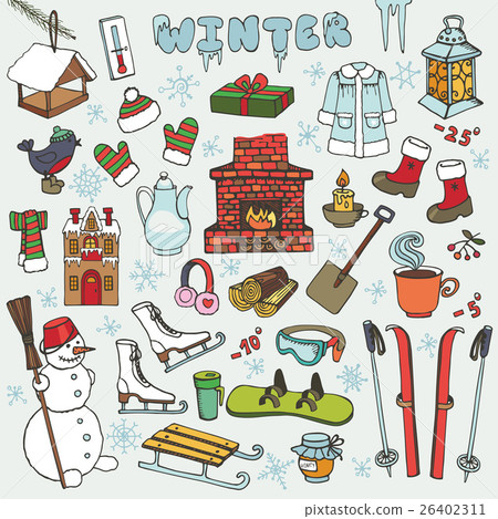Winteer doodle icons,elements.Colored set 26402311