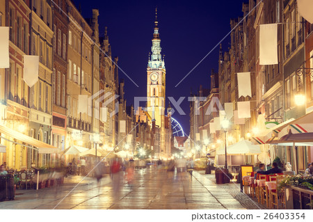 Gdansk Street with Town Hall at Night Gdansk Street with Town Hall at Night 26403354