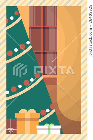 Christmas Green Tree With Gift Box Greeting Card - Stock Illustration ...