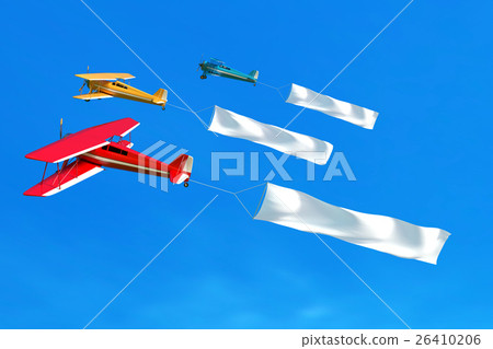 Flying airplane and banner on blue sky.  26410206