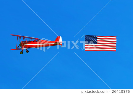 Flying airplane and USA flag (American flag) on bl 26410576