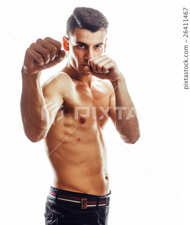 young handsome naked torso man boxing on white 26411467