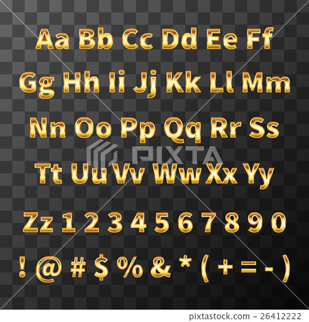 Glossy metal font. Golden letters and numbers on 26412222