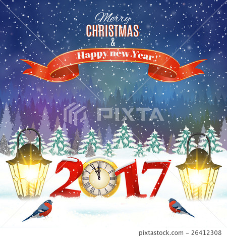 Christmas vintage greeting card on winter village Christmas vintage greeting card on winter village 26412308