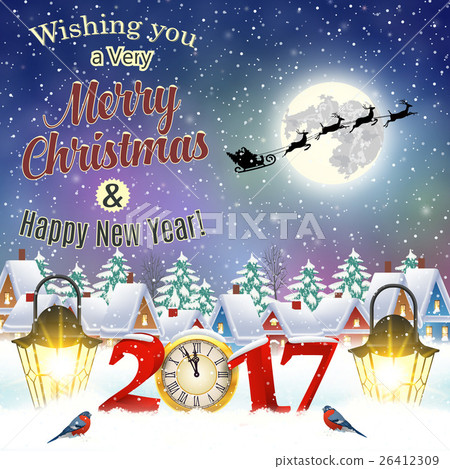 Christmas vintage greeting card on winter village Christmas vintage greeting card on winter village 26412309
