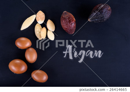 Close up of Argan fruits on a chalkboard 26414665