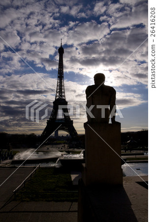 Backlit Eiffel Tower with statue Backlit Eiffel Tower with statue 26416208