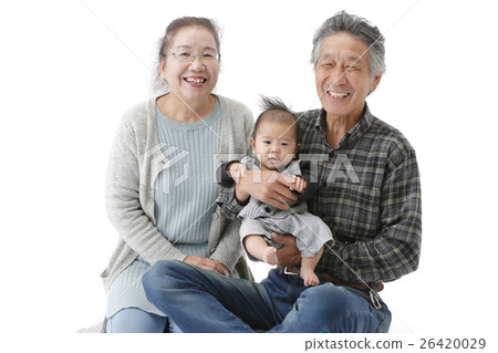 Portrait of grandparents holding grandchildren of 4 months old 26420029