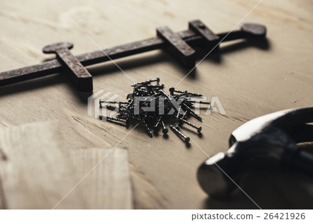 iron hammer, nail, clamp 26421926