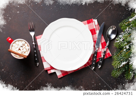 Christmas dinner plate, silverware, fir tree 26424731