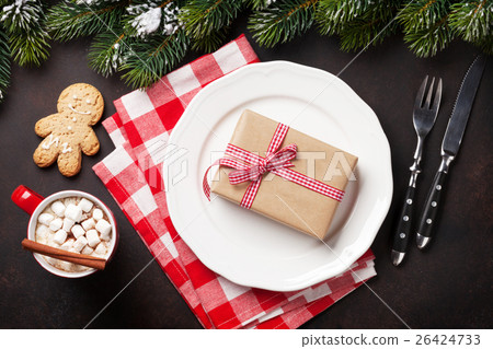 Christmas dinner plate, silverware, fir tree, gift 26424733