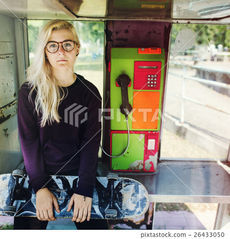 Woman Sitting Telephone Skateboard Concept Woman Sitting Telephone Skateboard Concept 26433050