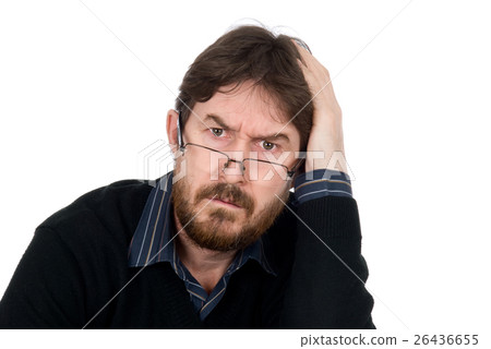 Portrait of bearded man wearing glasses about amazement looking  26436655