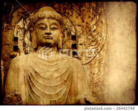 Grunge background with old paper texture and Buddha's statue 26442740