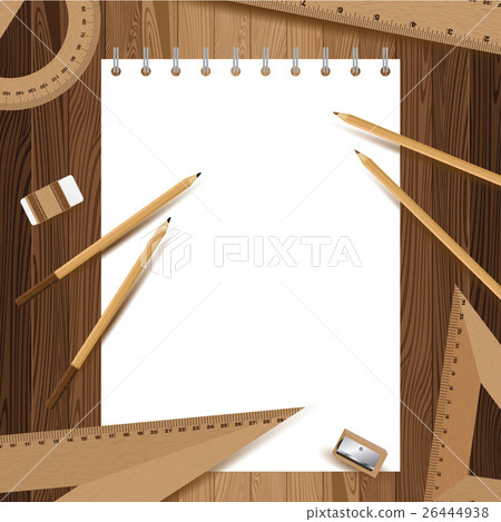 White paper with pencil, ruler on lath boards. White paper with pencil, ruler on lath boards. 26444938
