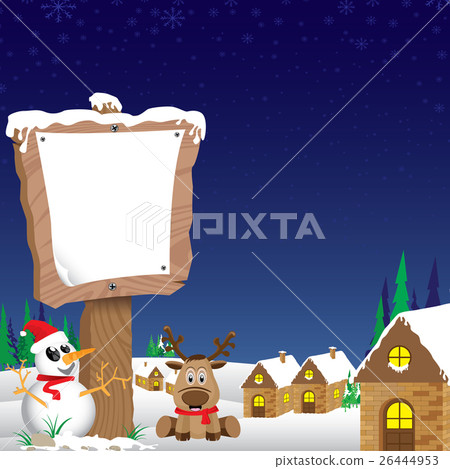 Snowman and wooden sign in winter on night sky. Snowman and wooden sign in winter on night sky. 26444953