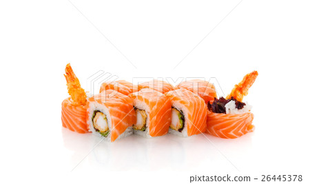 Salmon sushi roll with shrimp isolated 26445378