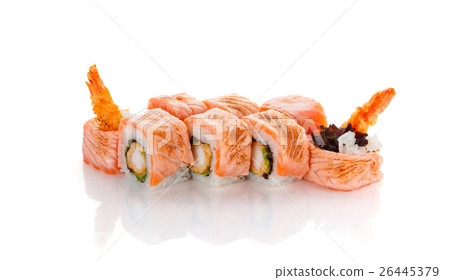 Sushi roll with fried salmon and shrimp isolated 26445379
