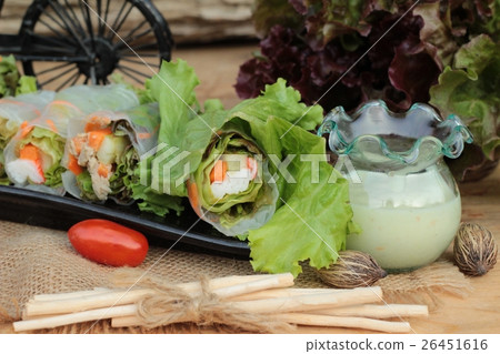 Salad rolls vegetable with tuna and crab stick. Salad rolls vegetable with tuna and crab stick. 26451616