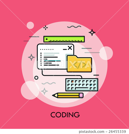 Program code window, keyboard, pencil, ruler and 26455339