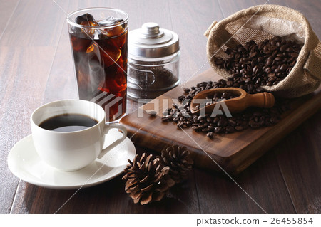 Hot coffee and ice coffee and coffee beans 26455854
