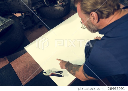 Car Parts Shop Owner Warehouse Checking Blueprint Concept 26462991
