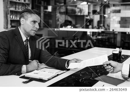 Business Man Handing Out Report Restaurant Table Concept Business Man Handing Out Report Restaurant Table Concept 26463049