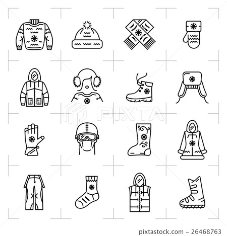 Trendy winter clothes isolated line icons set - Stock Illustration ...