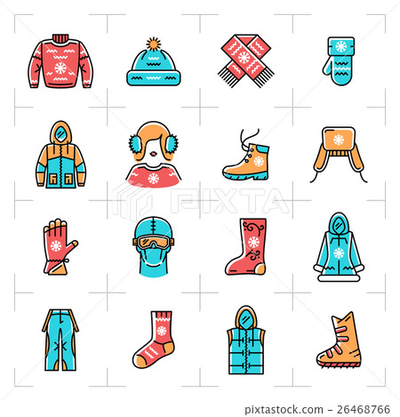 Winter clothes vector isolated line icons set - Stock Illustration ...