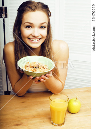 portrait of happy cute girl with breakfast, green portrait of happy cute girl with breakfast, green 26470929