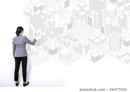 A Japanese woman drawing a city picture on a wall A Japanese woman drawing a city picture on a wall 26477042