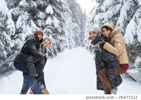 Friends Group Two Playful Couple Snow Forest Young 26477112
