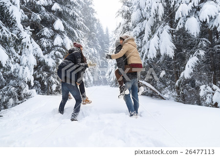 Friends Group Two Playful Couple Snow Forest Young 26477113